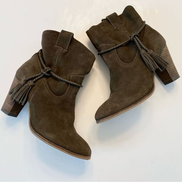 Dolce Vita Melah Western Ankle Boots Booties Tassel Fringe 7.5 Olive Brown Suede - Picture 2 of 12